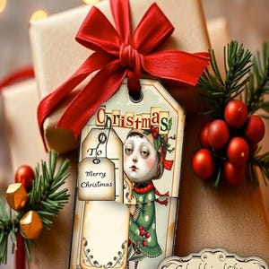 May include: A rectangular gift tag featuring a vintage-style illustration of a person in a green polka-dot outfit, with the text "Christmas" and a smaller attached tag labeled "To" and "Merry Christmas". The tag is tied with a red ribbon.