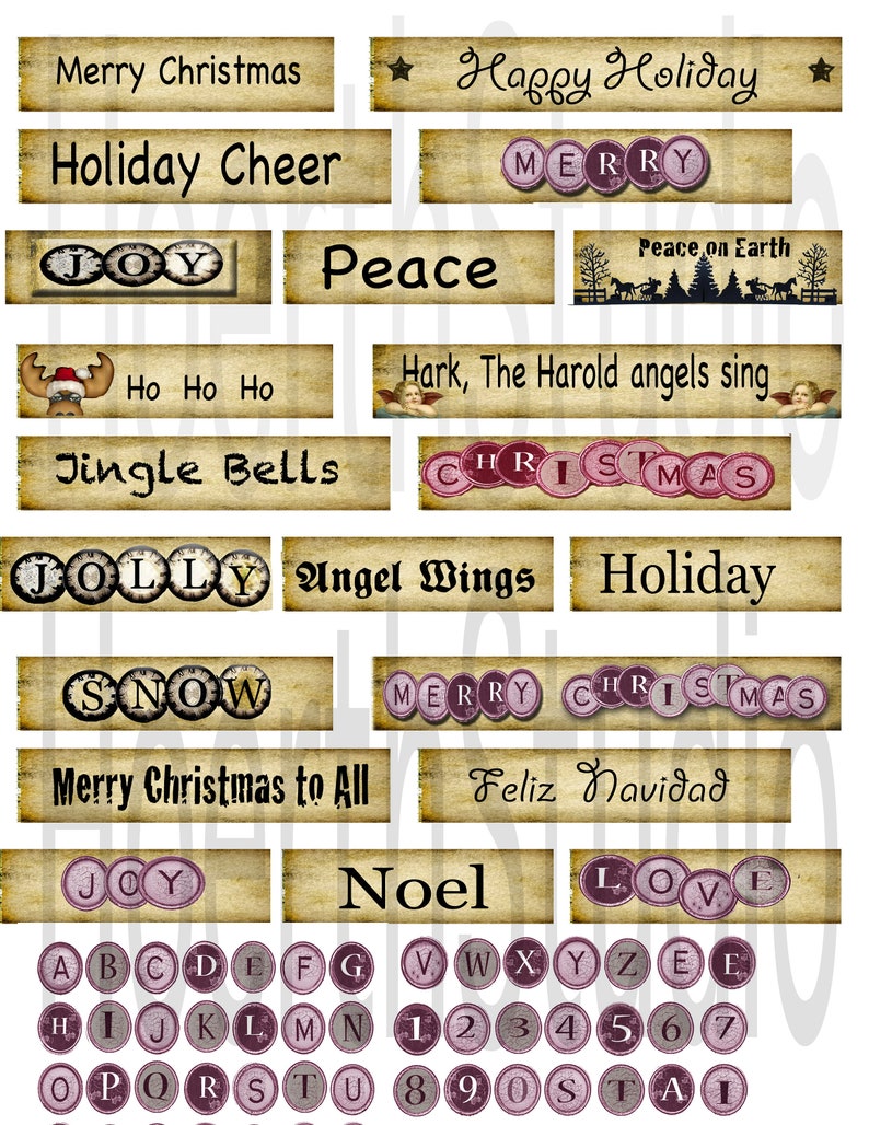printable ephemera, christmas holiday, journal words, altered art junk journal digital collage sheet with pockets and mini tags for DIY art image 2