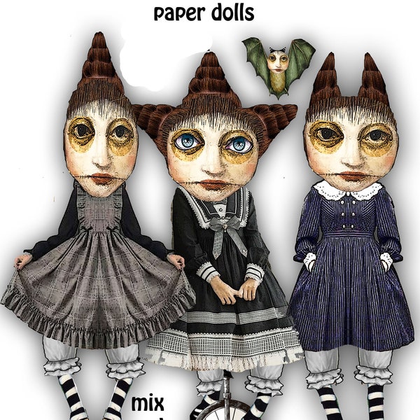 printable Whimsical paper doll mix and match sisters ephemera with a gothic collage sheet  cards or for scrapbook journaling craft project