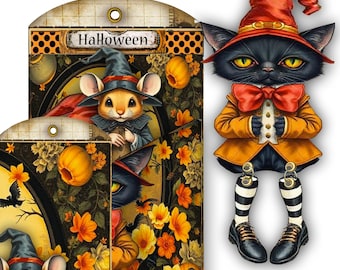 printable Halloween kitty and mouse with pocket tag in (pdf,Jpeg ) orange and Black
