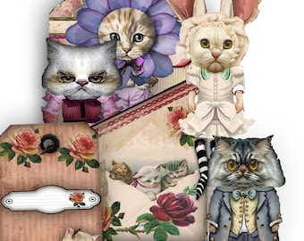 printable Spring Cats with spring costumes mix and match ephemera with tag and pocket to store the dolls paper dolls craft DIY journal art
