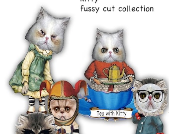 Victorian kitty clip art mix and match fussy cut collage sheets paper doll collection PNG for scrapbook, ATC junk journals project and cards