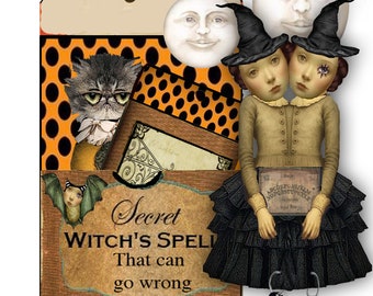 printable halloween tag set with pocket and witch twins with cat dolls to place in the pocket includes ephemera for Scrapbook journal craft