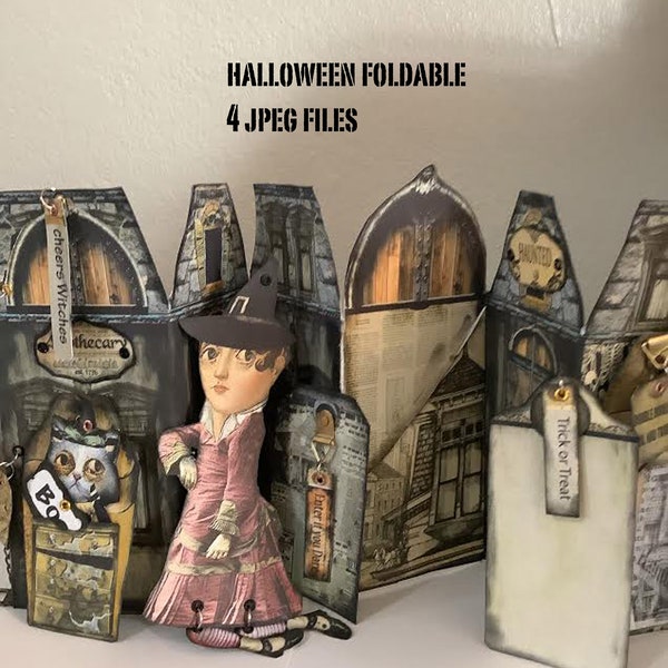 printable haunted house style foldable accordion pocket card for junk journal or Halloween scrapbook, paper doll cat with tags and ephemera