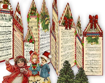 printable Christmas victorian card foldable village,  musical paper theme card DiY craft project collage sheets ephemera, journaling project