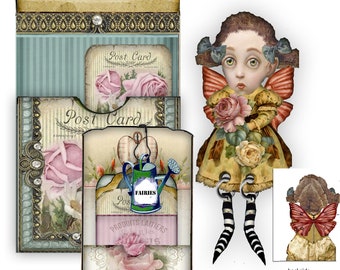 printable fairy doll Pocket tag set flower themed pocket tag with ephemera and paper fairy doll collage sheets for junk journals and crafts