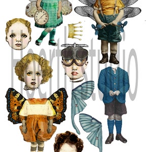 May include: A selection of vintage paper dolls and fairy wings. The dolls are depicted in various outfits, including a green dress, orange shorts, and a blue blazer. The fairy wings are in shades of blue, orange, and black. A crown and a clock are also included.
