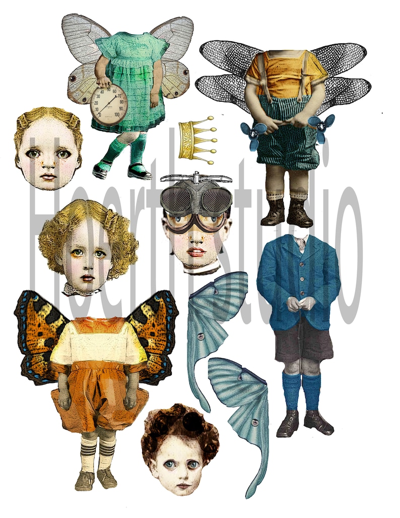 May include: A selection of vintage paper dolls and fairy wings. The dolls are depicted in various outfits, including a green dress, orange shorts, and a blue blazer. The fairy wings are in shades of blue, orange, and black. A crown and a clock are also included.
