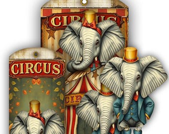 Puede incluir: Muñecos de papel y etiquetas con elefantes de circo. Los elefantes llevan sombreros y trajes, con la palabra "CIRCUS" en las etiquetas. También se ve el texto "The Elephant Show at the Circus".