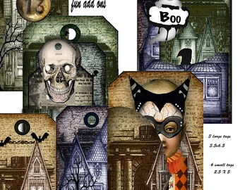 Halloween Haunted House tag collection three large Haunted House tags with pockets and six smaller tags with ephemera for the pockets sets