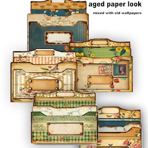 May include: Five printable mini file tab folders with an aged paper look, mixed with old wallpapers. The folders feature various floral and patterned designs in shades of blue, green, and beige, with decorative labels.