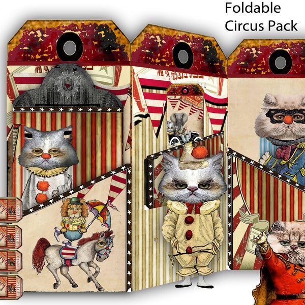 printable circus foldable kitty collage sheets accordion style foldable with ephemera and  kitty dolls and pockets and tags for journals DIY