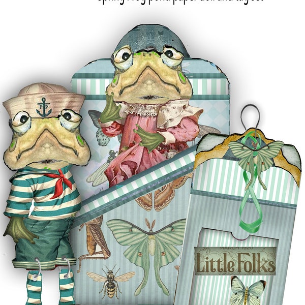 printable Spring frog paper dolls and pond tag with pocket and ephemera great for journals scrapbook cards  DIY craft project collage sheet