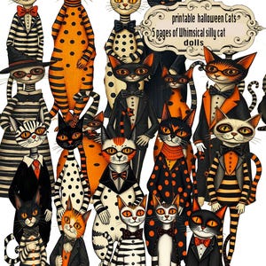 May include: A collection of whimsical cat illustrations in various outfits, including tuxedos, striped suits, and polka dot attire. The cats feature orange, black, and white color schemes, with some wearing bow ties and hats. Text reads: "printable halloween Cats 5 pages of Whimsical silly cat dolls."