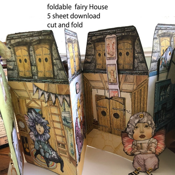 printable fairy house foldable collage sheets  accordion style foldable with ephemera and fairy doll with pockets and tags for journals DIY