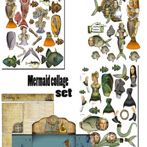 printable Mermaid collage sheets with journal page and foldable   assemble as you like some of my favorite nautical steampunk mermaids craft