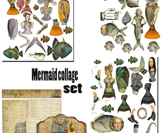 printable Mermaid collage sheets with journal page and foldable   assemble as you like some of my favorite nautical steampunk mermaids craft