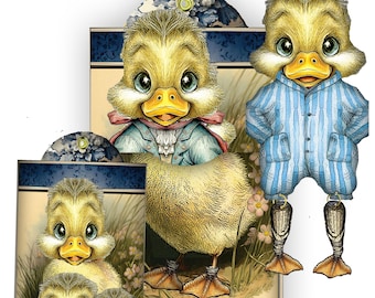 bambole di carta stampabili a forma di anatroccolo primaverile con etichetta tascabile e materiale effimero in formato PDF e JPEG