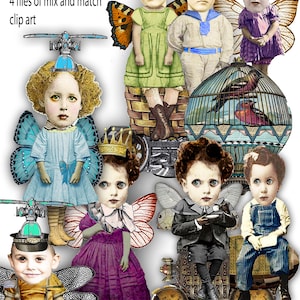 May include: A collage of steampunk fairy clip art. The image features several children with fairy wings, goggles, and vintage clothing. Some are seated on mechanical contraptions, and the text "Steampunk Fairies" is at the top.