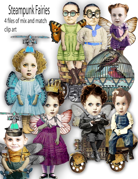 printable whimsical fairy steampunk clip art paper doll mix and match  4 sheets files great for cards, ephemera, journaling, junk journals,