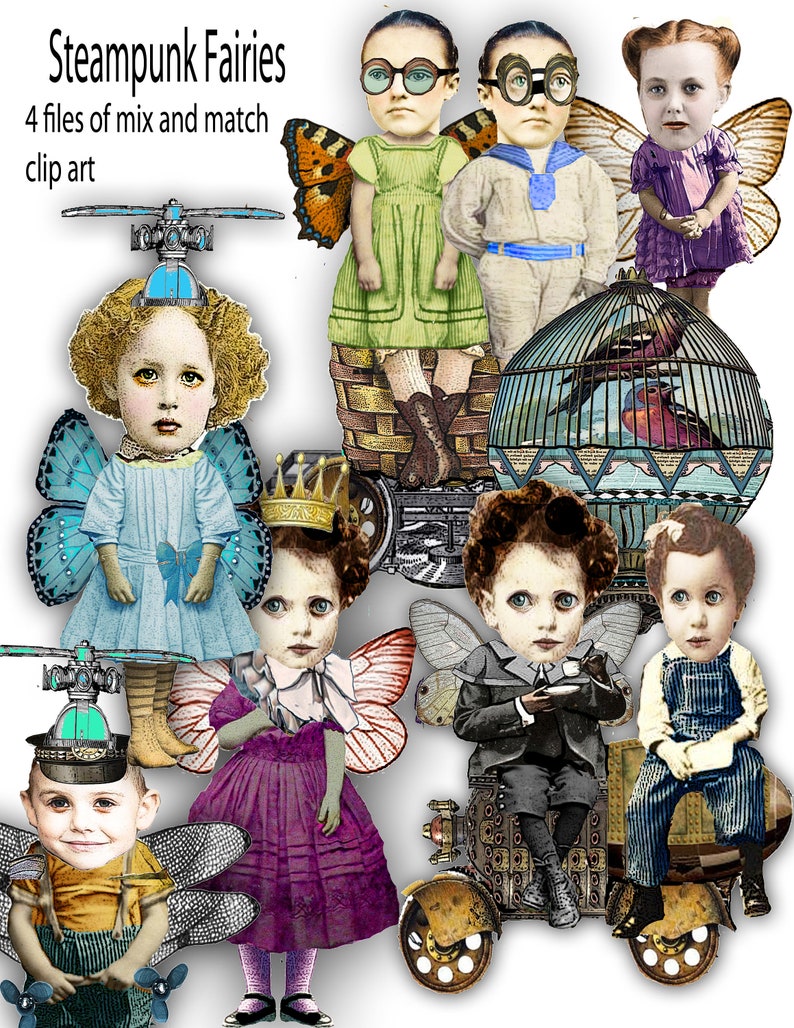 May include: A collage of steampunk fairy clip art. The image features several children with fairy wings, goggles, and vintage clothing. Some are seated on mechanical contraptions, and the text "Steampunk Fairies" is at the top.