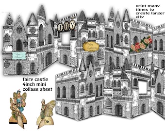 printable fairy castle accordion style mini collage sheet with mini fairies and signs use in journals  display junk journals cards craft art