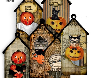 printable Halloween Pocket tags with whimsical inserts and ephemera tags are house shaped six in all great for journals and art projects