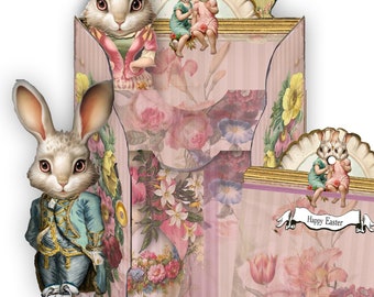 printable pastel victorian Cabinet card with pockets tags and two bunny paper dolls with backs and fronts great easter card spring journal