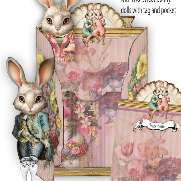 printable pastel victorian Cabinet card with pockets tags and two bunny paper dolls with backs and fronts great easter card spring journal