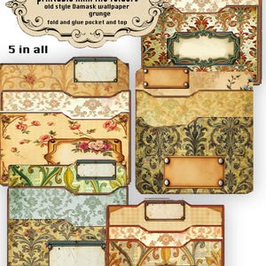 May include: Five printable mini file folders featuring old style Damask wallpaper and grunge patterns. Each folder includes a fold and glue pocket and top, with various floral and ornate designs, blank labels, and metal-look accents in shades of brown, gold, and muted tones.