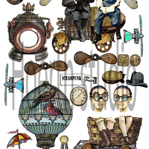 May include: A collection of steampunk illustrations. Features a clock, a large circular machine, a birdcage, a hot air balloon, a vehicle with passengers, and various mechanical components.