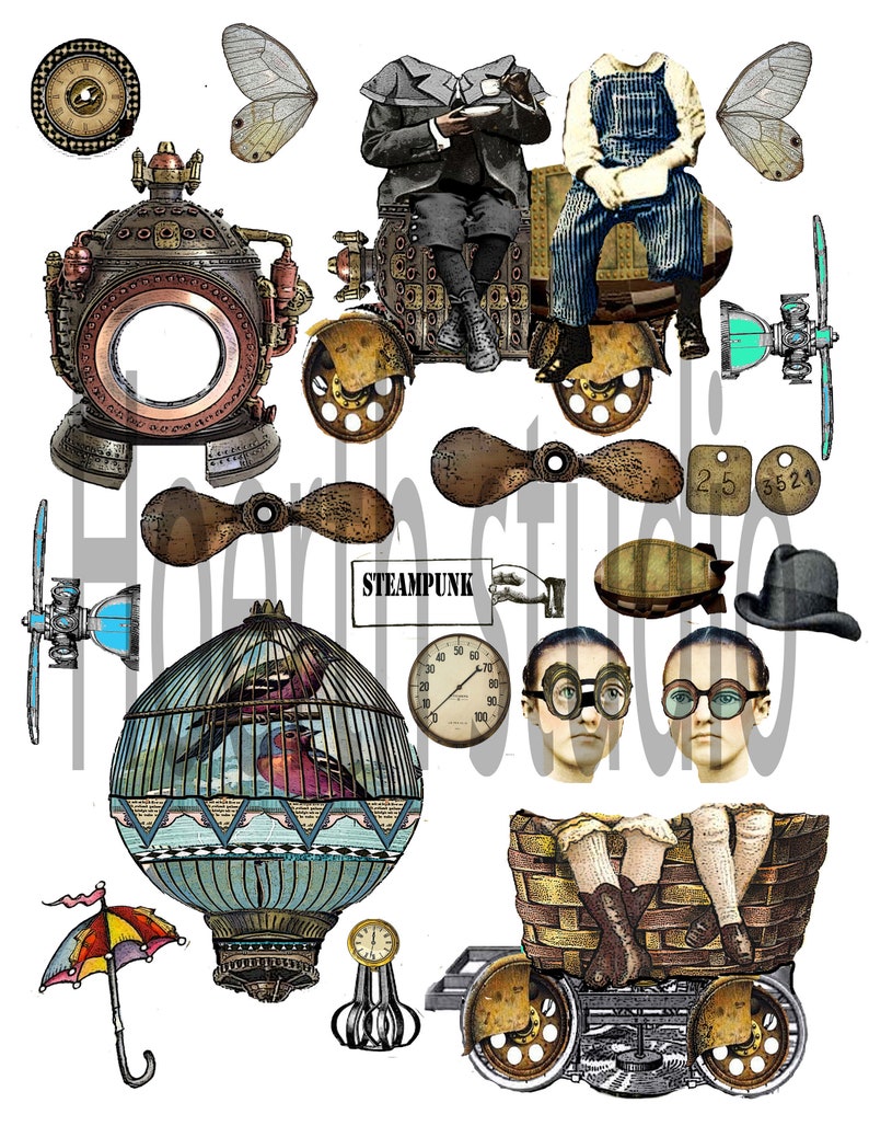 May include: A collection of steampunk illustrations. Features a clock, a large circular machine, a birdcage, a hot air balloon, a vehicle with passengers, and various mechanical components.