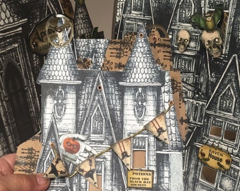 printable 11inch foldable victorian steampunk Halloween  Haunted House set each panel is about 6 inches long decor for table craft project