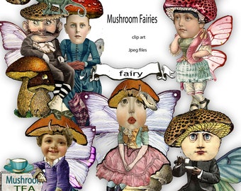 printable  mushroom fairy whimsical clip art digital collage sheet