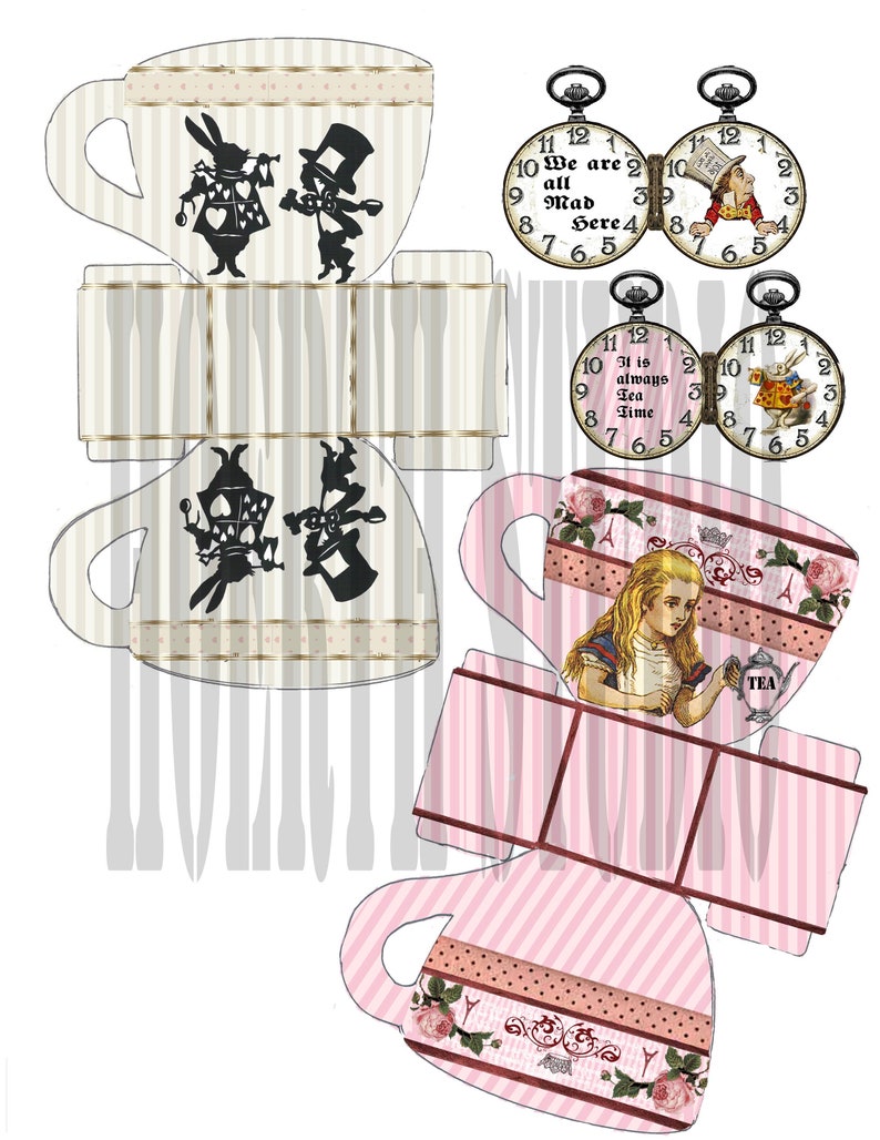 Alice in wonderland printable tea set party cups for treats or | Etsy