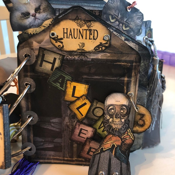 printable halloween haunted house junk journal project kit whimsical filled with pockets, tabs tags, letters, dolls and more great decor DIY