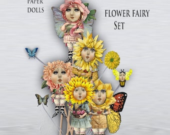 printable flower fairy paper dolls set of six both fronts and backs great for journals junk journals, cards scrapbook tags ephemera dolls