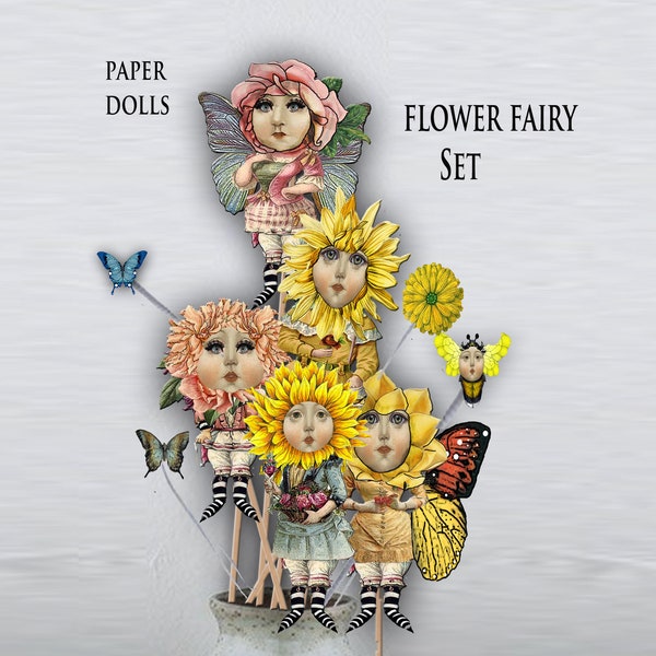 printable flower fairy paper dolls set of six both fronts and backs great for journals junk journals, cards scrapbook tags ephemera dolls