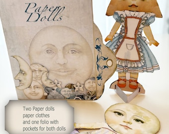 printable paper dolls with folio and pockets moon and star with stands and clothes  for journals  scrapbooks cards  gifts DIY craft project