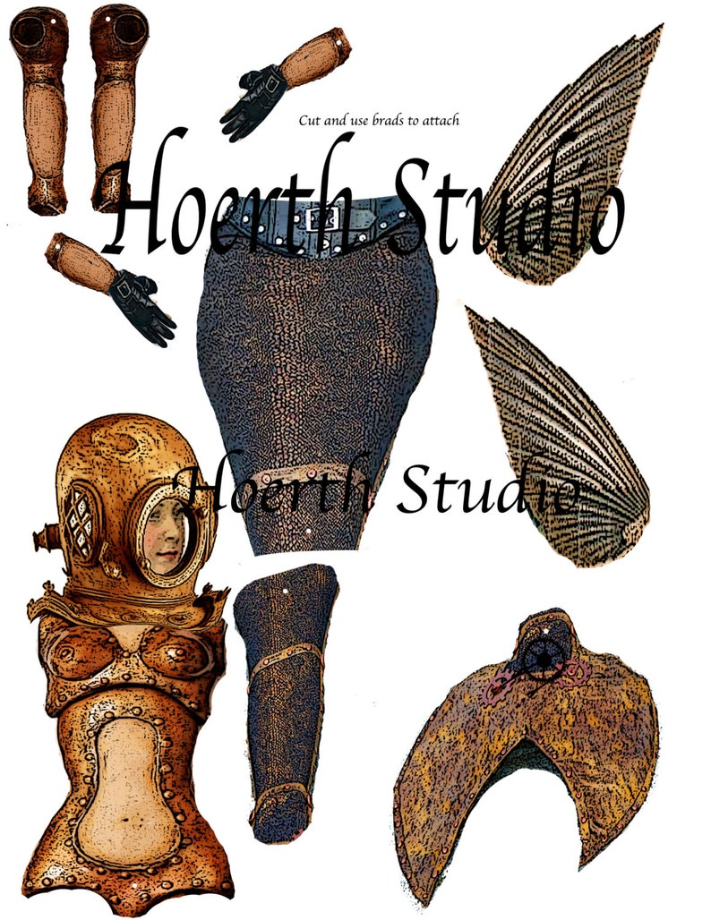 Steampunk paper Doll DIY instant print Mermaid paper craft collage sheet ephemera for shadowbox cards and other scrapbook needs image 2