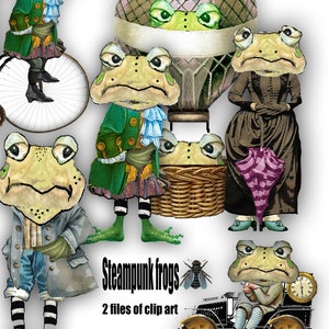 May include: Digital clip art featuring steampunk frogs in various outfits and settings. One frog rides a unicycle, another is in a hot air balloon, and others are in vintage attire. The text "Steampunk frogs" and "2 files of clip art" are included.
