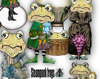 printable  frog toad spring whimsical clip art digital collage sheet Victorian style steampunk frogs for journaling ephemera scrapbook dIY