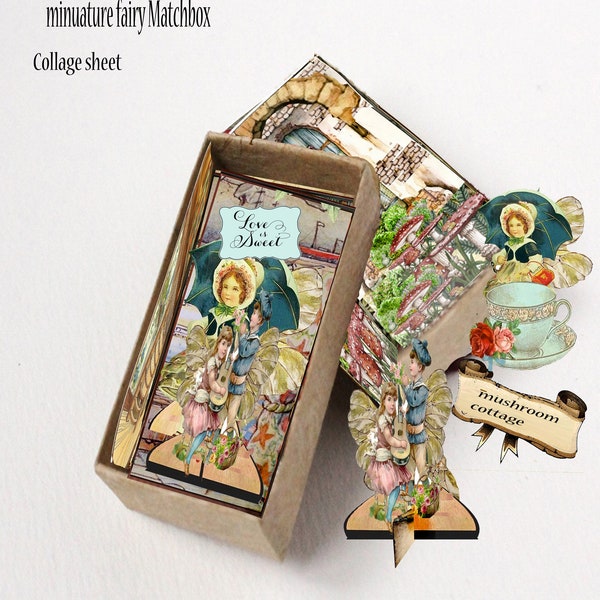 tiny fairy printable Miniature matchbox, two stand up fairies and tiny items clip art for fairy matchbox house 2x4 inches completed