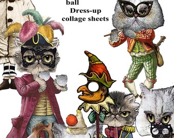 printable victorian Steampunk kitten  Masquerade party collage sheets mix and match paper dolls for journals junk journals craft projects