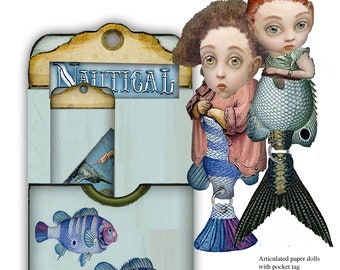 printable little Mermaids Nymphs of the Sea two paper dolls with pocket tags and backs ephemera included  scrapbooks junk journals craft DIY