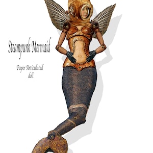 Steampunk paper Doll DIY instant print Mermaid paper craft collage sheet ephemera for shadowbox cards and other scrapbook needs image 1