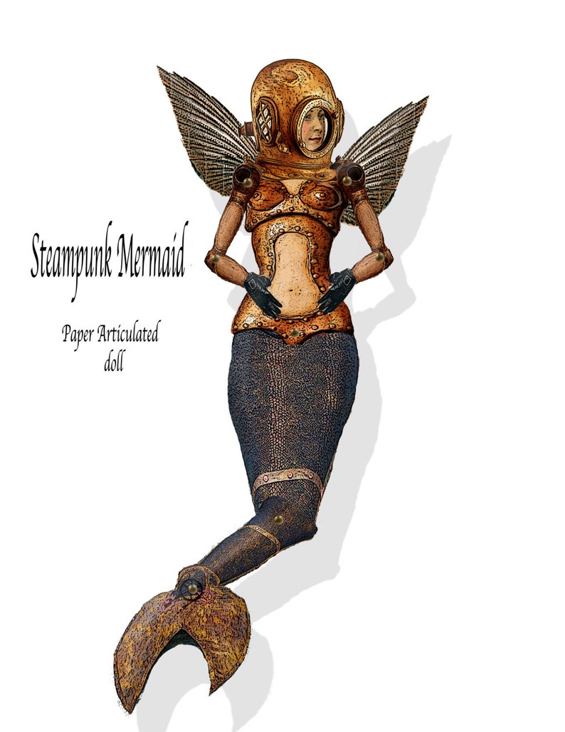 Steampunk paper Doll DIY instant print Mermaid paper craft collage sheet ephemera for shadowbox cards and other scrapbook needs image 1