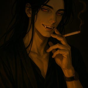 May include: Illustration of a person with long black hair, red eyes, and fangs, holding a lit cigarette. The person is wearing a black shirt and a watch with a brown leather strap. The image has a dark, warm colour palette.