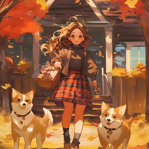 May include: An illustration of a young person and two corgi dogs in an autumn setting. The person wears a plaid skirt and carries a basket. The dogs have brown and white fur and wear collars. The background features a house and trees with orange leaves.