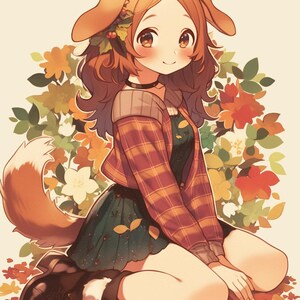 May include: An illustration of a person with dog-like features, wearing a green dress, a red and orange plaid jacket, and black boots. The person is sitting among autumn leaves and flowers, with a fluffy tail and dog ears. The overall color palette is warm, with shades of brown, orange, and green.